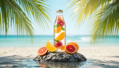 Tropical fruit-filled bottle on a beach rock