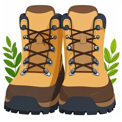 Pair Of Brown Hiking Boots With Green Leaves Against White Background