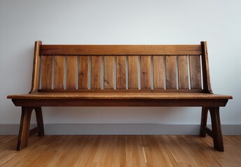 Minimal Wooden Church Bench with Vertical Backrest Strips, Slanted Legs, and Flat Seat against Gray Wall on Wooden Floor