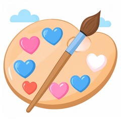 Palette Illustration with Hearts and a Paintbrush on a White Background in Pastel Colors