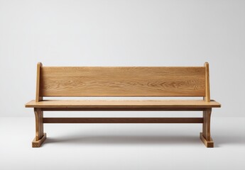 Minimal Wooden Church Bench with Vertical Backrest Strips, Slanted Legs, and Flat Seat against Gray Wall on Wooden Floor