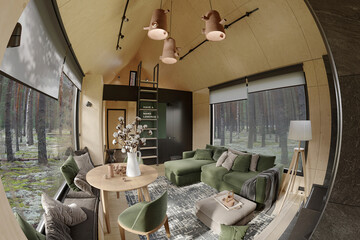 Modern forest cabin living room with large windows, green sofa, wooden accents, and forest views. Comfortable space with natural light and Scandinavian design.