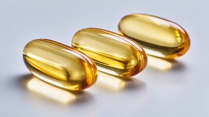 Close-up of three transparent golden soft gel capsules on smooth reflective surface.