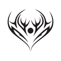 Abstract tribal symbol, black symmetrical swirl tattoo design with a central circle, isolated vector logo element.