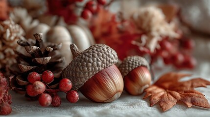 Autumnal Decor with Acorns Berries and Leaves in Warm Colors