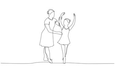 Continuous one line drawing of ballet teacher guiding young girl in dance practice, ballet dance class concept, single line art.
