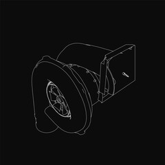 Naklejka premium Black and white contour drawing of a turbine blower with detailed blades and handle, isolated on a dark background. The intricate mechanical design highlights precision and industrial aesthetics.
