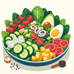 A colorful salad in a blue bowl featuring tomatoes cucumbers eggs avocado and cheese