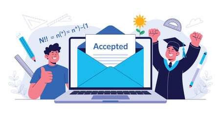 Illustration of two joyful students celebrating a college acceptance letter on laptop, surrounded by educational icons and school-themed elements