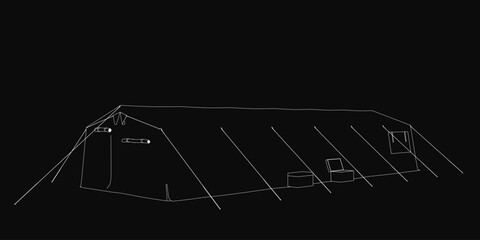 A black and white tent contour stands out against a dark background. The simple white outline creates a minimalist camping symbol. No additional details distract from the clean silhouette.