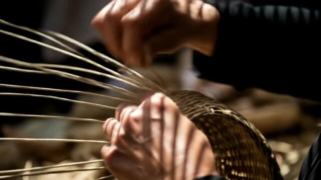 Hands Weaving Basket with Wicker Close-up Crafting Traditional Item