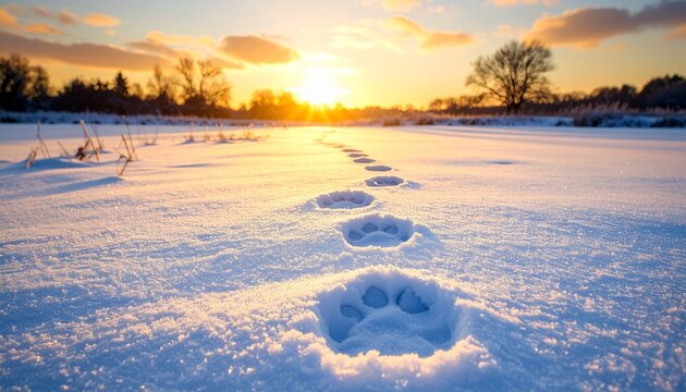 Large paw prints in powdery snow across a frozen meadow, lit by soft dawn light, crisp.
