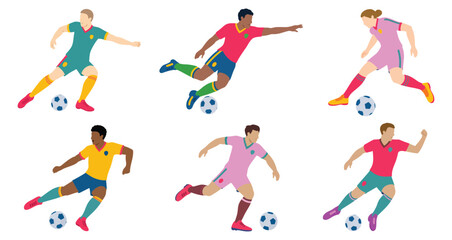 Vibrant illustrations of six diverse soccer players in action poses with ball—ideal for sports-themed design, coaching, and fitness visuals