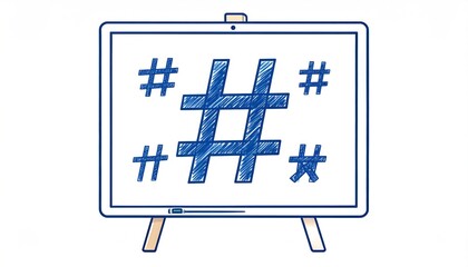 Hand Drawn Blue Hashtag Symbol On White Presentation Screen For Social Media Marketing Concepts