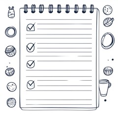 Hand Drawn Spiral Notebook With Check Marks Surrounded By Doodle Elements On White Background
