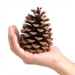 Hand Holding A Brown Pinecone Against A White Background Showing Detail