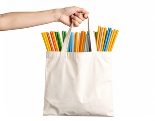 Hand Holding A Beige Canvas Tote Bag Full Of Colorful Drinking Straws On White Background
