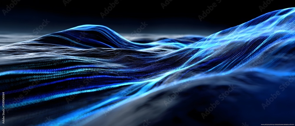 Poster dynamic blue particle waves in a digital space