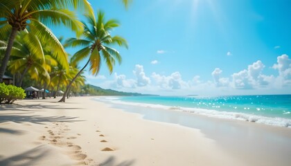Tropical beach scene with palm trees. Soft focus, sunny day