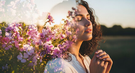 Woman in Nature with Flowers at Sunset. Ai generation