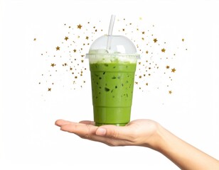 Hand Holding Green Iced Drink With Straw On White Background And Gold Star Sprinkles