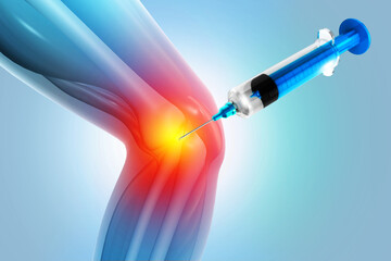 Injection into the knee joint. Platelet Rich Plasma for Knee Osteoarthritis. 3d illustration