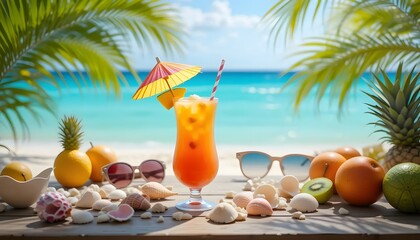 Tropical cocktail on a beach table, with fruits, shells, and sunglasses