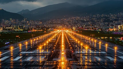 Illuminated runway at night, city lights in the distance.