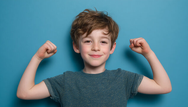Boy flexes muscles, showing strength, empowerment on blue. Concept of fitness, health, childhood. Great for editorial, web, and social media.