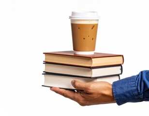 Hand Holding Stacked Books Supporting Iced Coffee Beverage On White Background