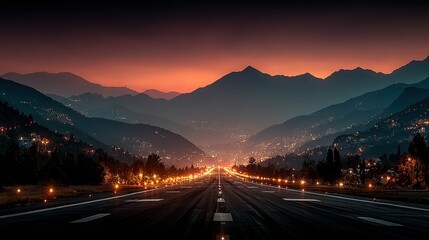 Runway at dusk with mountains in the background.