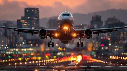 Airplane landing at dusk over a city.