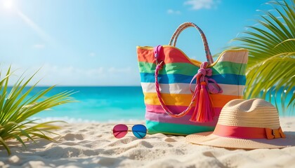 Colorful beach bag, sunglasses, and hat on sandy shore.  Bright, sunny beach scene