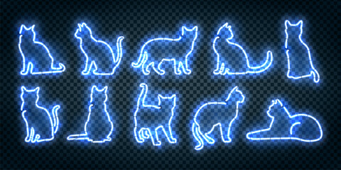 Vector set of neon signs of cat isolated on the transparent background. © comicsans
