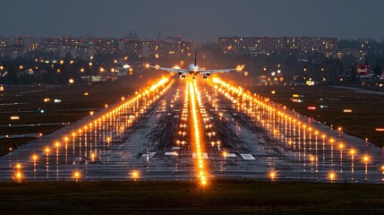 Airplane landing on a wet runway at night.