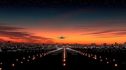 Airplane landing at twilight over a city.