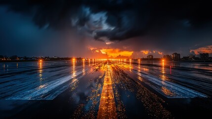 A runway at sunset, reflecting the fiery clouds.