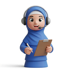 A cartoon illustration of a woman wearing a blue hijab and headset, holding a clipboard and pen.