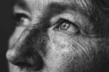 Naklejka premium Elderly woman with distinctive freckles gazes thoughtfully, highlighting her unique features and the depth of her life experiences in soft lighting