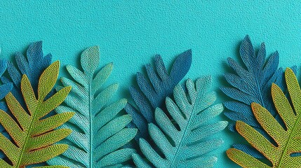Colorful textured leaves arranged on a teal background.
