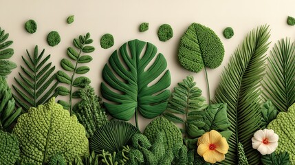 Arrangement of various tropical leaves and flowers.