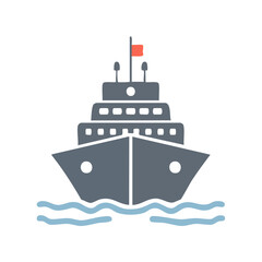 Obraz premium Flat vector illustration of a cruise ship sailing on the ocean waves, front view, on a black background