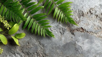Fresh greenery arranged on a textured gray surface.