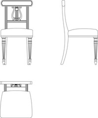 vector silhouette sketch illustration of teak wood chair furniture design dining table with traditional ethnic carvings classic vintage top front and side view 