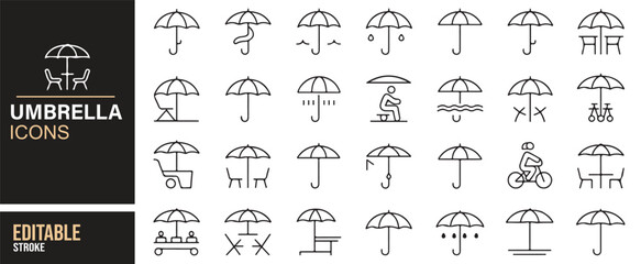 Icons depicting umbrellas in various scenarios such as rain, sun, cycling, and picnicking, ideal for travel and weather apps.