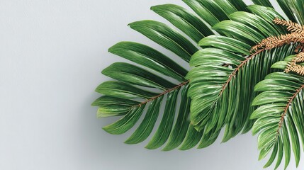 Lush green palm leaves against a light gray background.