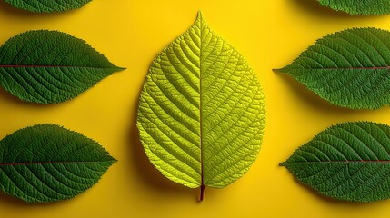 A vibrant, contrasting leaf design against a bright yellow background.