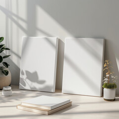 Twin white canvas mockup placed outdoors with simple background, suitable for minimalist poster presentations or eco-inspired designs