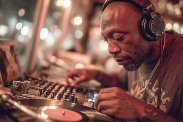 A DJ focuses intently on mixing vinyl records, surrounded by warm lighting and a vibrant crowd during an evening event