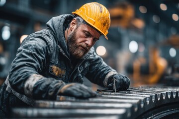 A dedicated worker with a hard hat meticulously repairs a large gear in a busy industrial workshop, showcasing craftsmanship and attention to detail